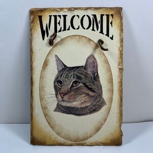 Cat Welcome Sign 11.5"x8" Stone, Leather Hanger Outdoor
